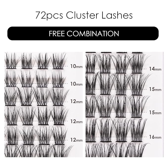 Cluster Lashes 72 Individual Lashes Clusters Eyelash Extensions False Eyelashes DIY Lash Extension Kit Reusable False Eyelashes Natural Look Mix 10-16mm-DM06