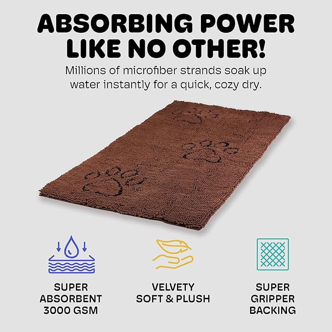 Dog Gone Smart Dirty Dog Doormat - Fast Drying Rug with Super Gripper Backing for Clean Floors - Super Absorbent and Machine Washable Mat for Muddy Paws - Brown