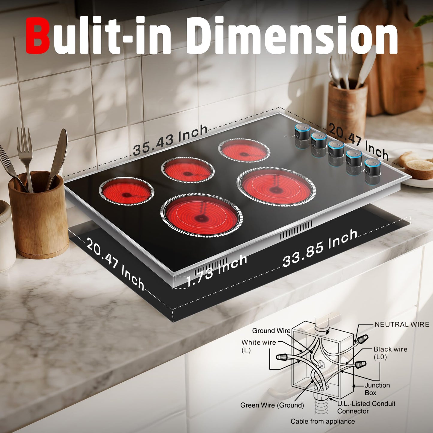 Pladeca 36 Inch Electric Cooktop, 5 Burner Electric Stove Top 8400W, 36" Ceramic Stove with Knob Control, Over-Temperature Protection, Dual Ring Zone, 220-240V Hard Wired (No Plug)