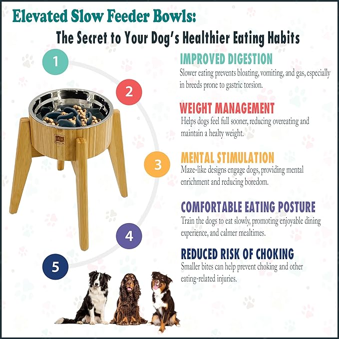 Elevated Dog Bowl with Slow Feeder Insert - (12-inch High) Ideal for Large Dogs - Suitable for Wet or Dry Dog Foods, Stainless Steel and Bamboo