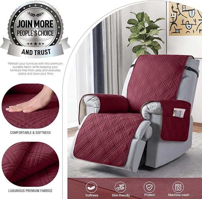 TAOCOCO 100% Waterproof Recliner Chair Cover, Oversized Recliner Covers for Large Recliner Chair with Double Straps, Non Slip Reclining Chair Cover for Kids, Pets(28'', Wine)