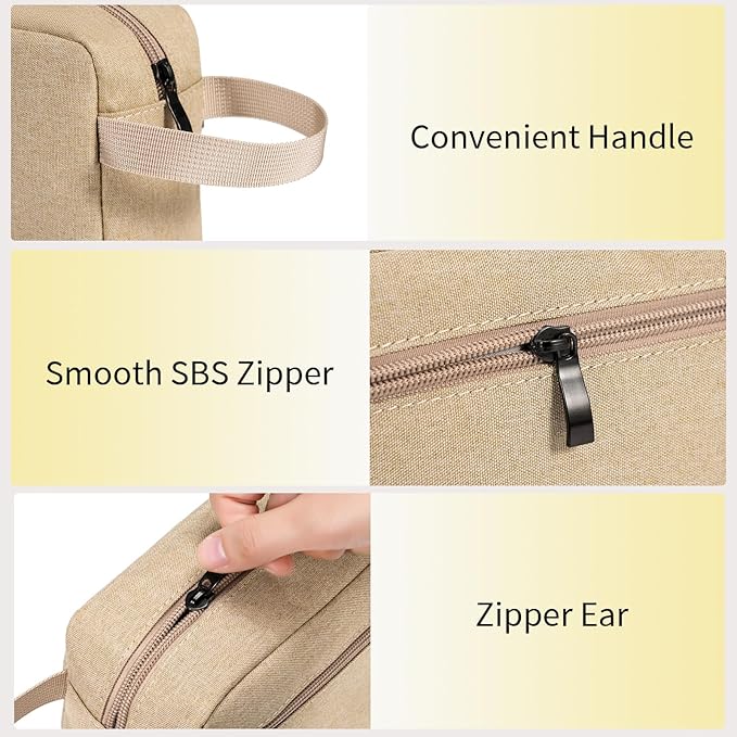 Travel Hanging Toiletry Bag with Carry Handle - Water-Resistant Small Cosmetic Organizer for Men & Women, Makeup, Shaving Kit, Gym & Travel Essentials (Khaki)