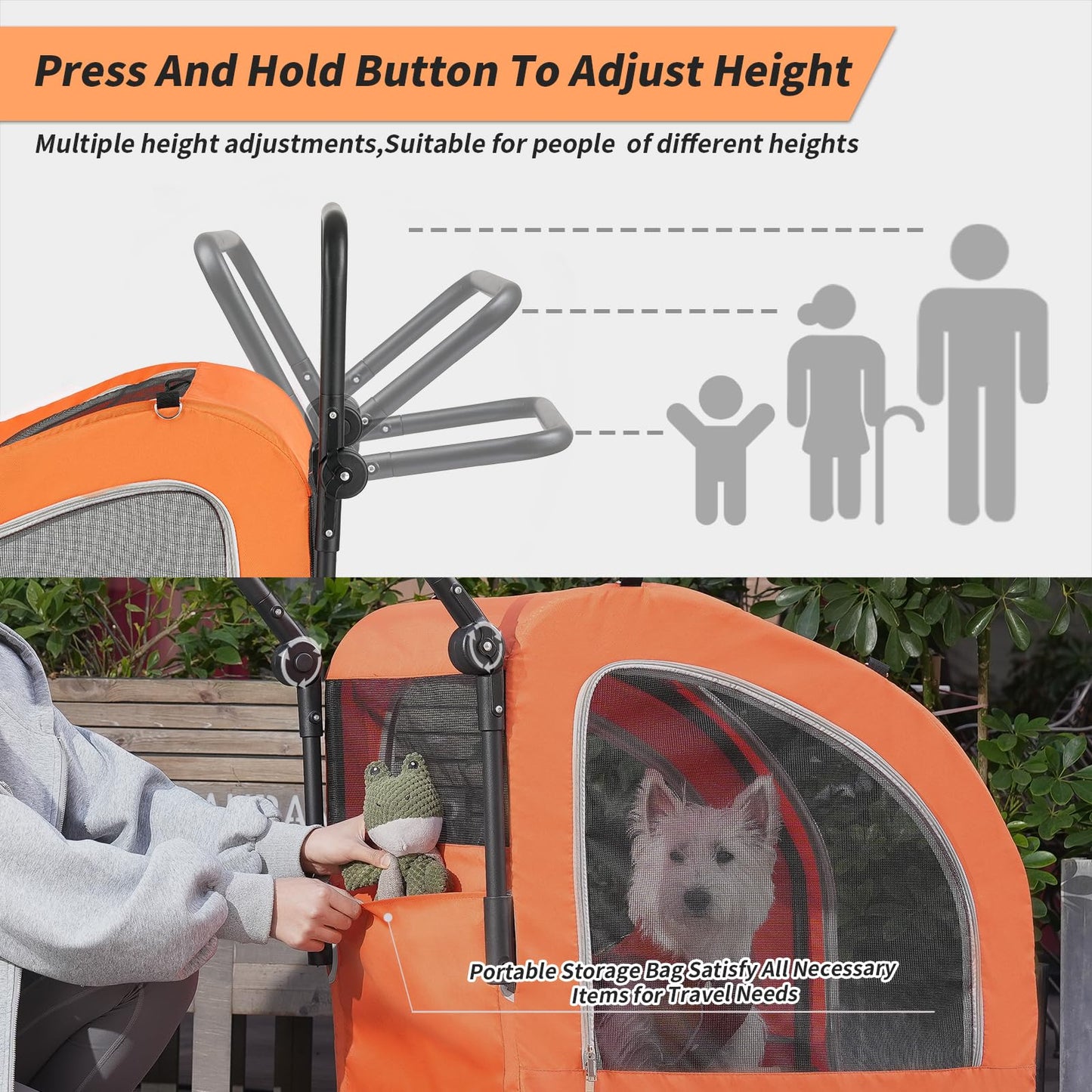 EchoSmile 4 Wheels Pet Stroller, Dog & Cat Stroller for All-Season, Lightweight Carrier with Storage Basket, Adjustable Handle, Removable Pad, Breathable Mesh, Up to 135 lbs, Orange (Orange)