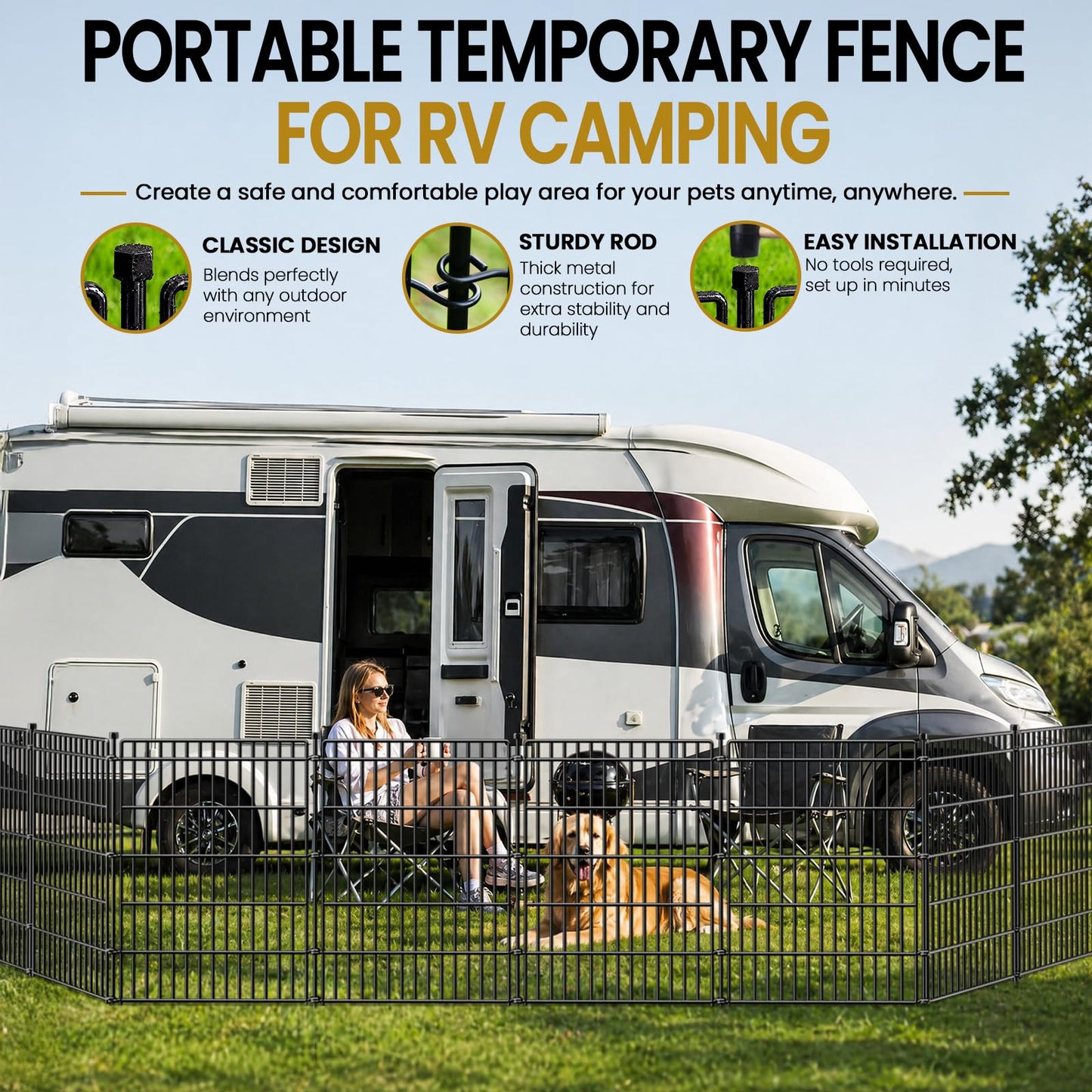 10 Panels No Dig Garden Fence with Gate, 44in(H) × 23.6ft(L) Decorative Metal Outdoor Dog Fence, Rustproof Pet Fencing for Yard, Patio, Flower Bed -Temporary Fencing| Easy to Install