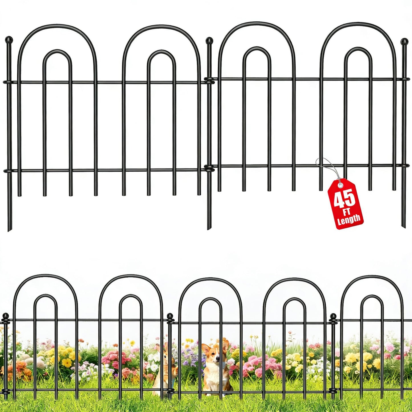 AMAGABELI GARDEN & HOME 32 Panels 13in(H)×45ft(L) Decorative Garden Fences and Borders for Dogs Fencing Animal Barrier No Dig Rustproof Metal Fence Panels with Ground Stakes for Flower Bed Fence Black