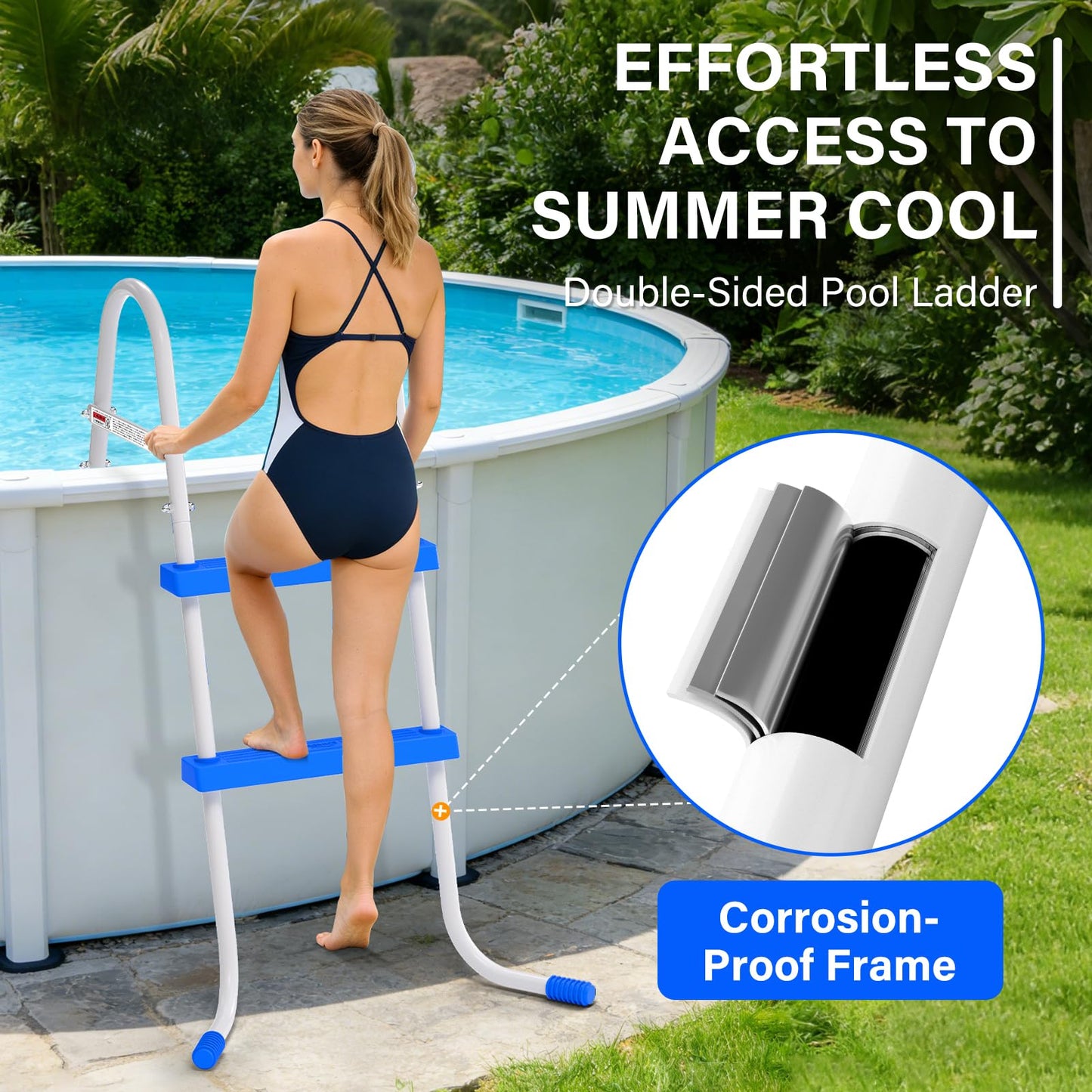 REGMICS Heavy Duty Steel Frame Swimming Pool Ladder for Above Ground Pools, 2-Step Double-Sided Pool Stairs for 33.5" Height Pools, 450lbs Capacity with Anti-Slip Rubber Feet & Wide Steps