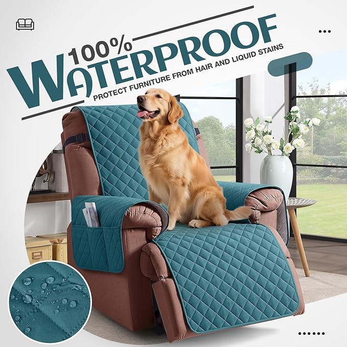 KinCam 100% Waterproof Recliner Chair Cover, Reclining Couch Covers for Pets, Dogs, Recliner Couch Slipcover Furniture Protector with Elastic Straps for Kids(23.6", Peacock Blue)