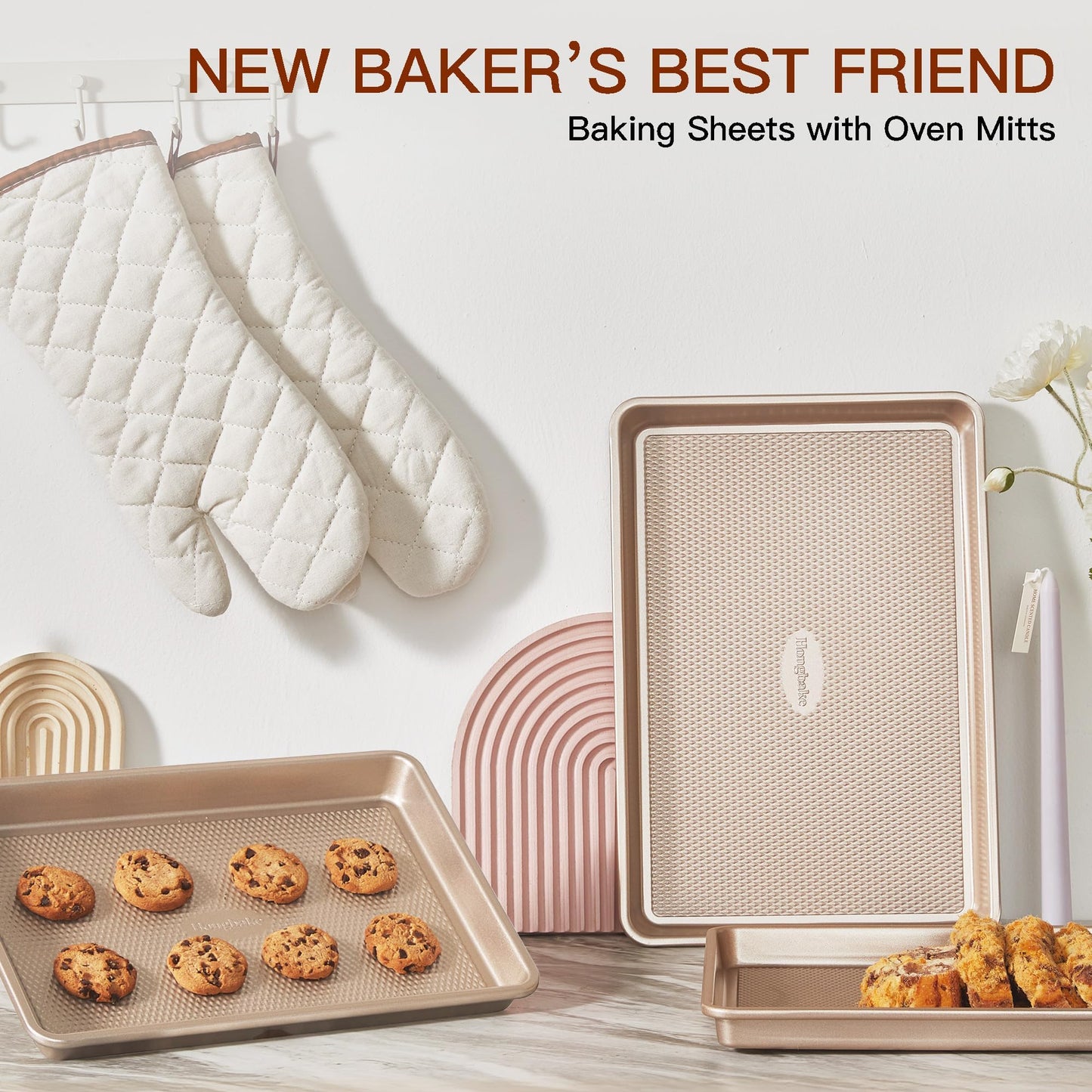 HONGBAKE 3 Pack Gold Nonstick Baking Sheet Pan Set with Oven Mitts Heat Resistant, Non-Toxic Half/Quarter/Jelly Roll Pans with Diamond Texture Pattern, Heavy Duty 0.8mm Thick Cookie Trays for Cooking