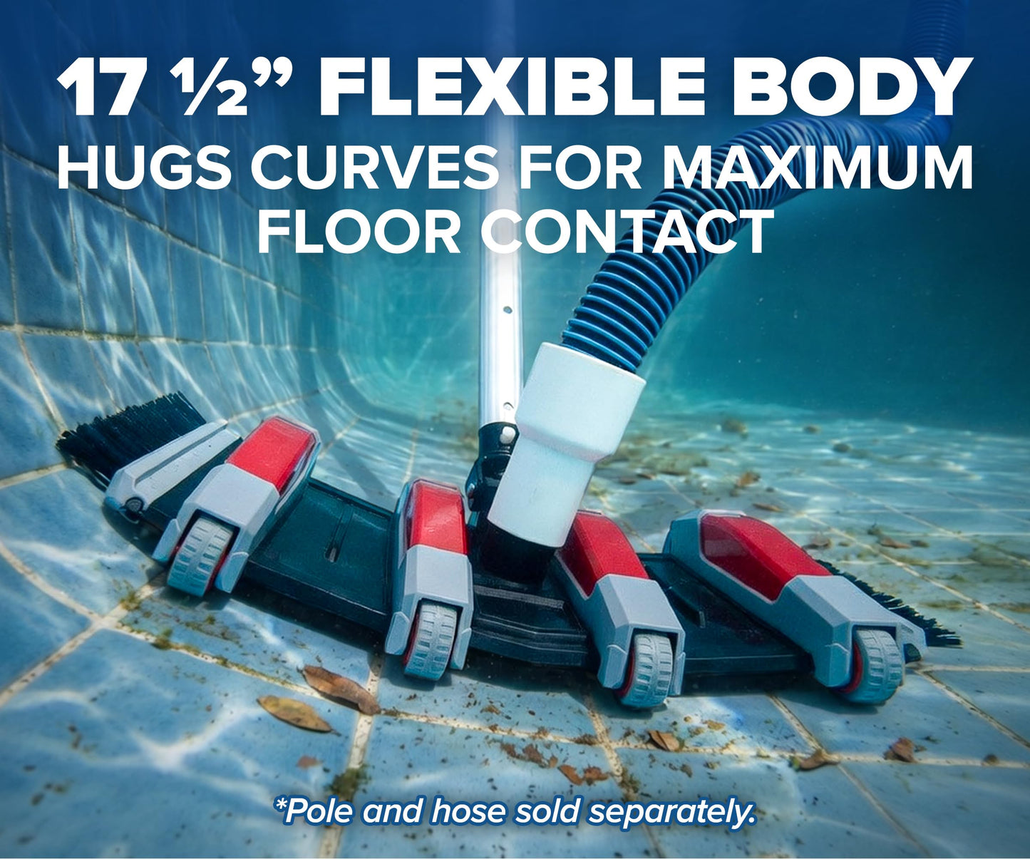 Pool Vacuum Head for Inground & Above Ground Pools // Manual Swimming Pool Vacuum Cleaner Attachment Head // Flexible Weighted Direction-Control & Side Brushes, Vinyl Liner Safe (Pole Sold Separately)