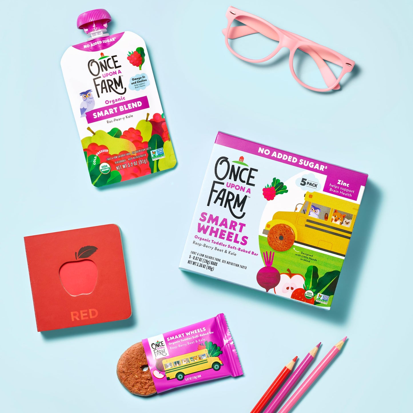 Once Upon A Farm Organic Toddler Soft Baked Bar, Rasp-Berry, Beet and Kale, Smart Wheels Shaped, Non GMO, Kosher, 3.35 Ounces (Pack of 8)
