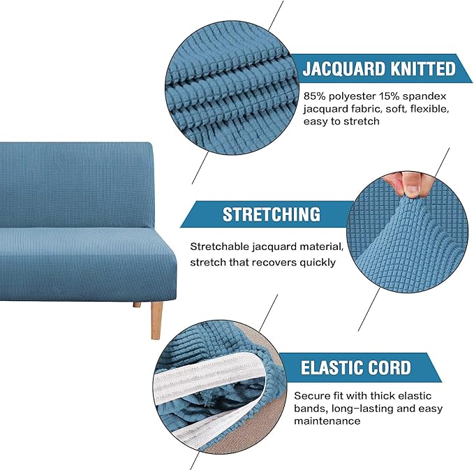 H.VERSAILTEX Armless Futon Cover Stretch Sofa Bed Slipcover Protector Elastic Feature Rich Textured High Spandex Small Checks Jacquard Fabric Futon Cover, Machine Washable, Dusty Blue