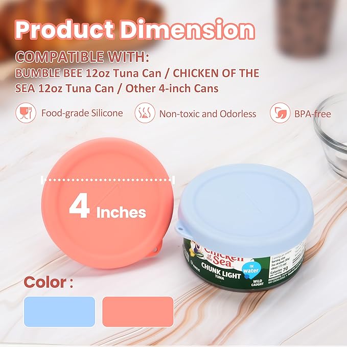 4 Packs 4-inch/9.5cm Silicone Can Lids for Bumble Bee | StarKist | Chicken of the Sea 12oz Tuna Can, Can Covers for 4.0-inch Canned Food, Food Storage Cover, Freezer&Dishwasher Safe (Can NOT Included)
