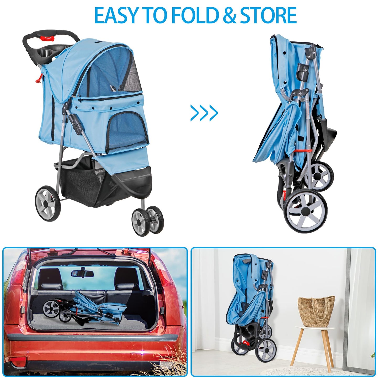 ZENY Foldable Pet Stroller, Cat/Dog Stroller with 3 Wheel, Pet Strolling Cart, Dog Travel Carrier with Storage Basket + Cup Holder (Blue)