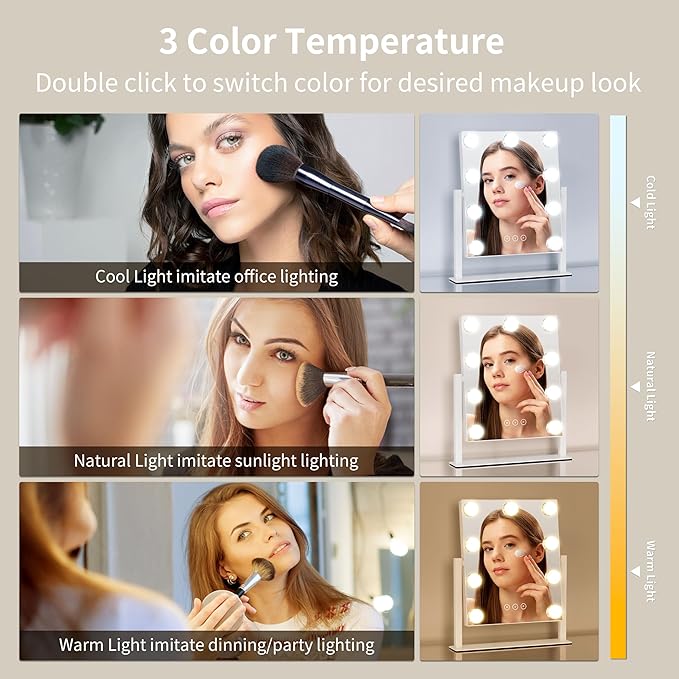 Vanity Mirror with Lights, Makeup Mirror with Lights,3 Color Lighting Modes Detachable 10X Magnification Mirror Touch Control,360°Rotation, White.