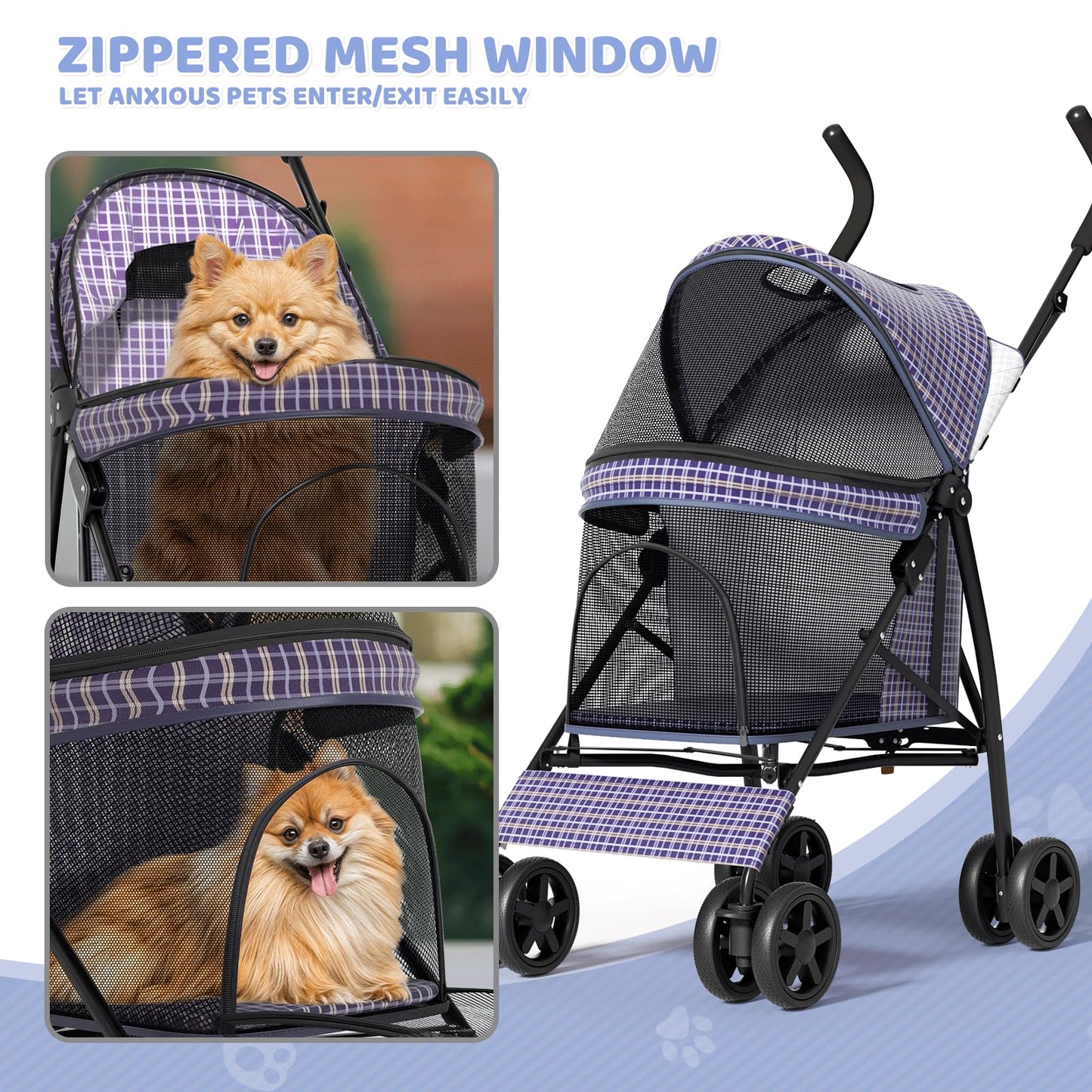 Magshion Compact Pet Stroller for Small-Medium Dogs/Cats up to 22lbs, 4-Wheel Lightweight Umbrella Shaped Portable Puppy Travel Jogger with Breathable Mesh, Cup Holder & Rear Storage, Plaid