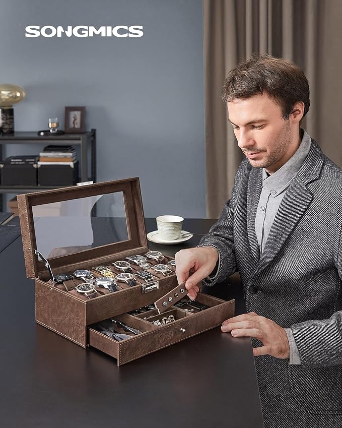 SONGMICS Watch Box, 12-Slot Watch Case Organizer with Large Glass Lid, 2 Layers, Removable Pillows, Metal Lock, Gift for Loved Ones, Brown Synthetic Leather, Brown Lining UJWB012K01