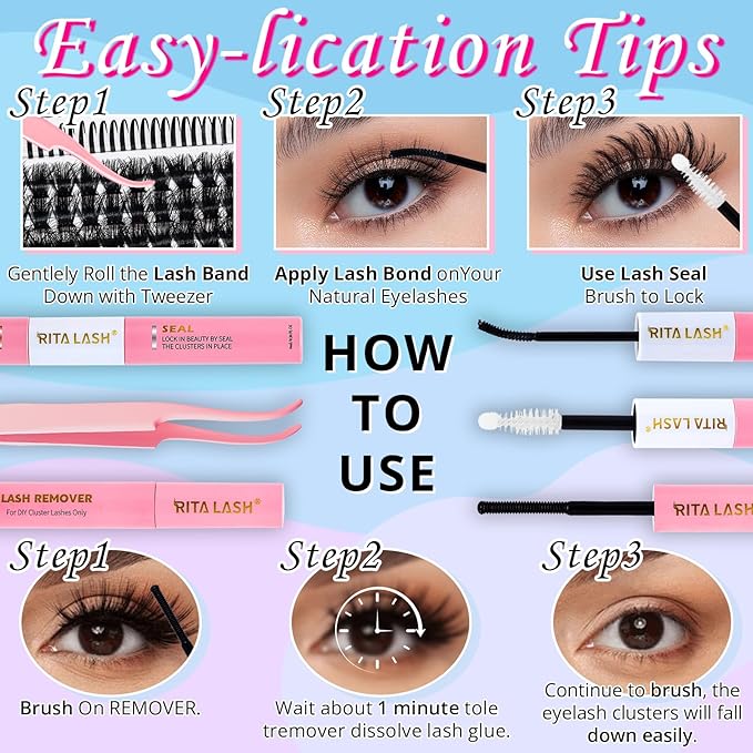 Lash Clusters Kit 3D Effect Volume Lashes Clusters Kit Wispy Cluster Eyelash Extensions D Curl Eyelash Clusters Kit PestaÃÂ±as Postizas Naturales+Bond&Seal,Remover,Tweezers,Brush(150D+200D+Spike Kit)