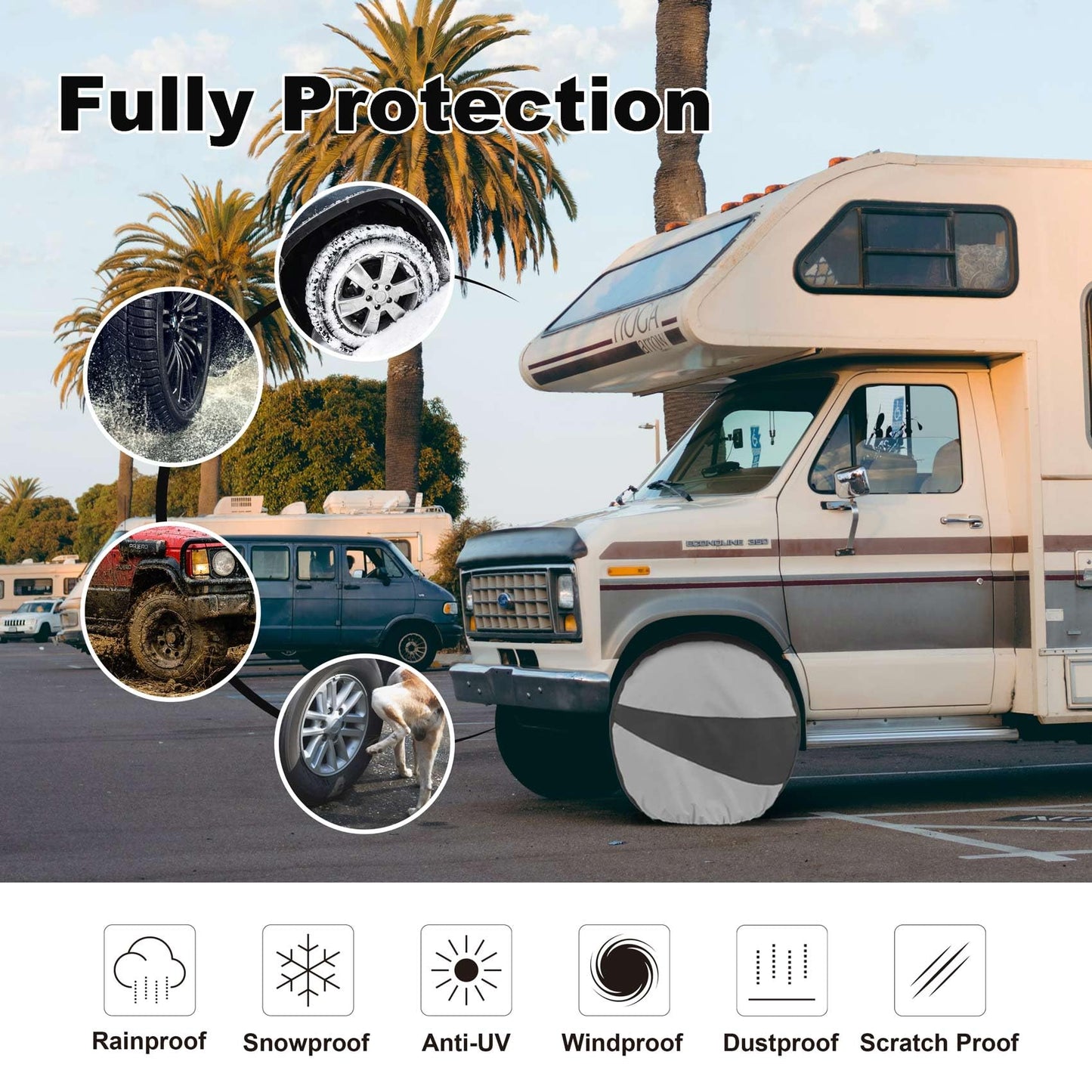 Explore Land Tire Covers 4 Pack - Tough Wheel Protector for Truck, SUV, Trailer, Camper, RV Universal Fits Tire Diameters 26-28.75 inches Black & Gray