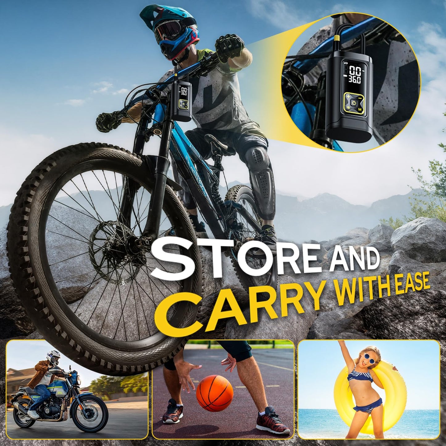 Philoent Tire Inflator Portable Air Compressor for Car Tires with Gauge, 150PSI Fast Bike Air Pump for Auto, Motorcycle, Bicycle, Balls, Digital Tire Pump with LED Light, Auto Shut-Off