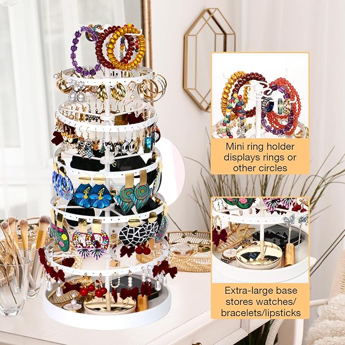 6 Tier Rotating Jewelry Organizer Stand, 230 Holes Earring Holder Organizer for Women Girls, Spinning Earring Tree with Ring Holder, Wide Base for Bracelets Watches Lipstick