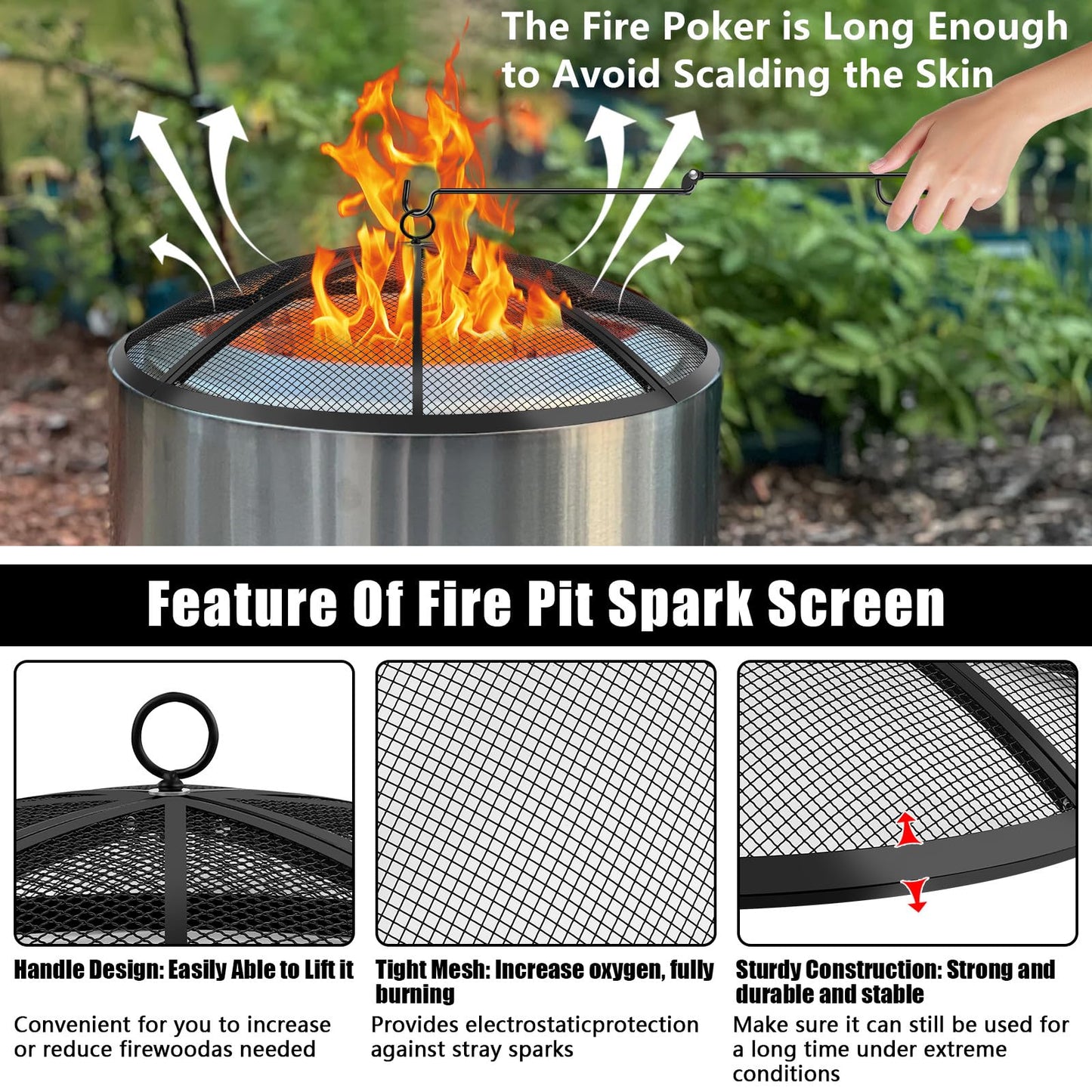 Fire Pit Spark Screen, Fire Pit Screen 22 Inch Round with Handle & Poker, Collapsible Heavy Duty Mesh Fire Pit Cover Fire Pit Lid for Outdoor/Patio/Backyard/RV Camping/Beach