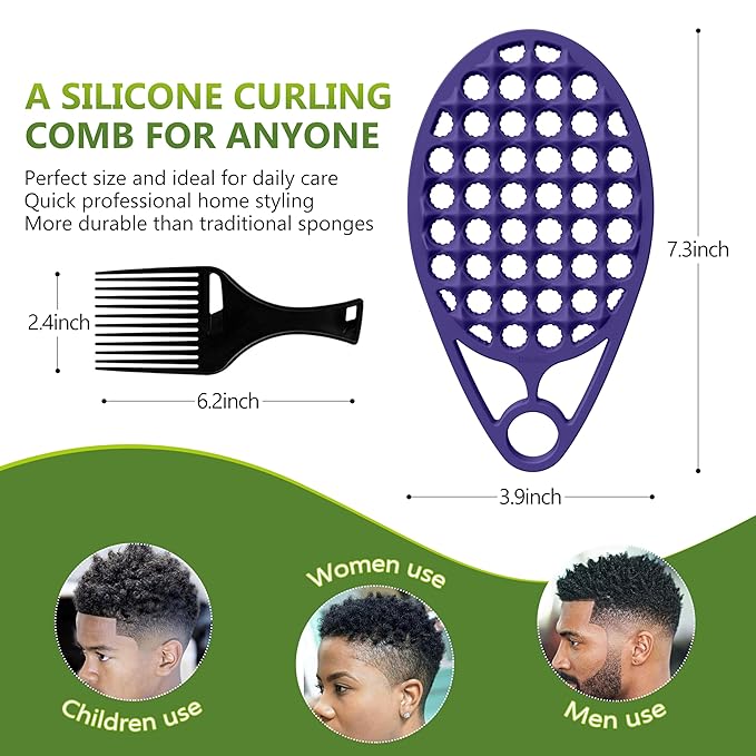 KOUPA Silicone Curly Hair Brush with Pick Comb, One Piece Twist Curl Comb for Afro Curls, Washable Hair Tool for Men Women, Purple, 1 Piece