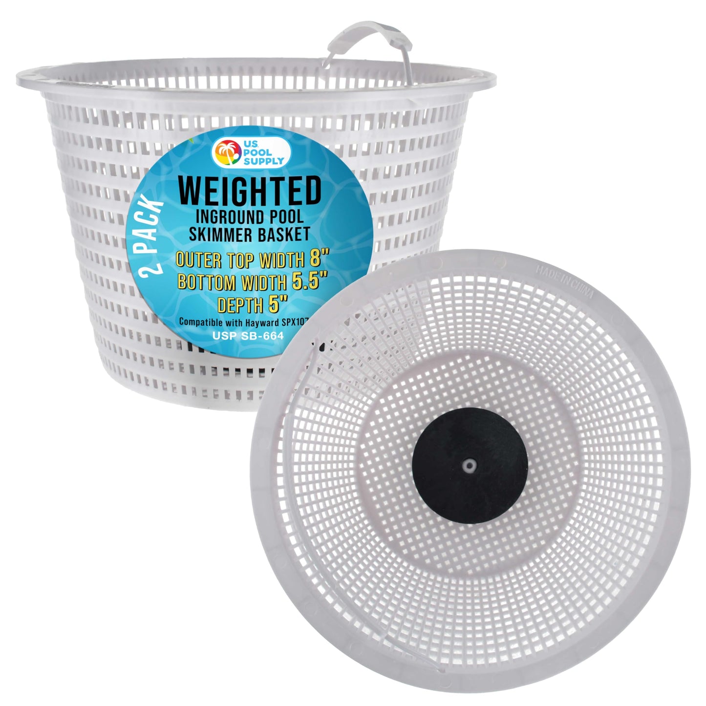 U.S. Pool Supply Weighted Inground Pool Skimmer Basket (Set of 2) - Skimmer Filter Basket, Skims Leaves – Compatible with Hayward SPX1070E, Prevent Pump Clogs - 8" Top, 5.5" Bottom, 5" Deep