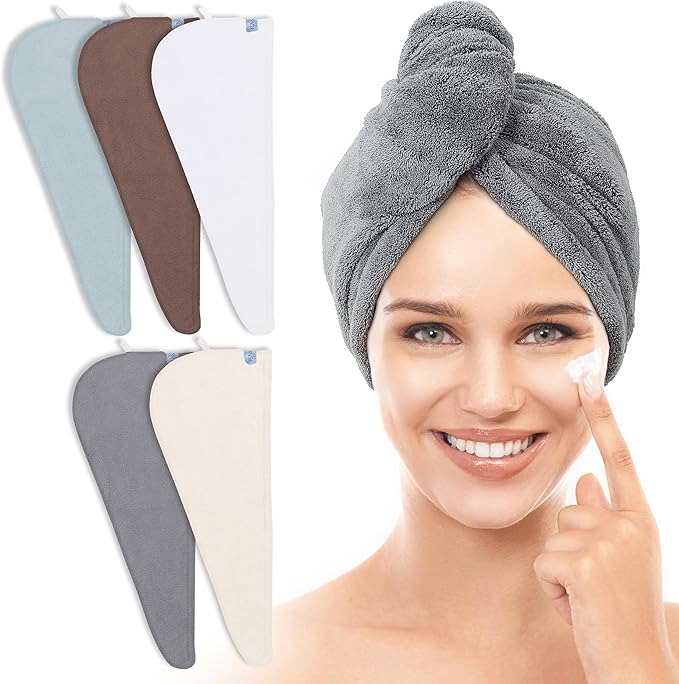 TENSTARS 5 Pack Thicken Microfiber Hair Towel Wrap for Women - Elastic Loop Design - 320GSM Coral Velvet - Quick Dry Hair Turban - 11x28 Inch (Cream+White+Brown+Light Teal+Grey)