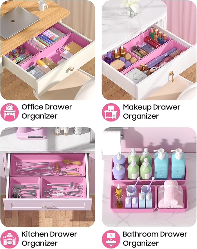 10 Pack Large Size Plastic Drawer Organizers Set, 3 Sizes Desk Drawer Organizer Trays, Storage Bins for Vanity, Makeup, Bathroom, Kitchen Utensils and Office (Pink)