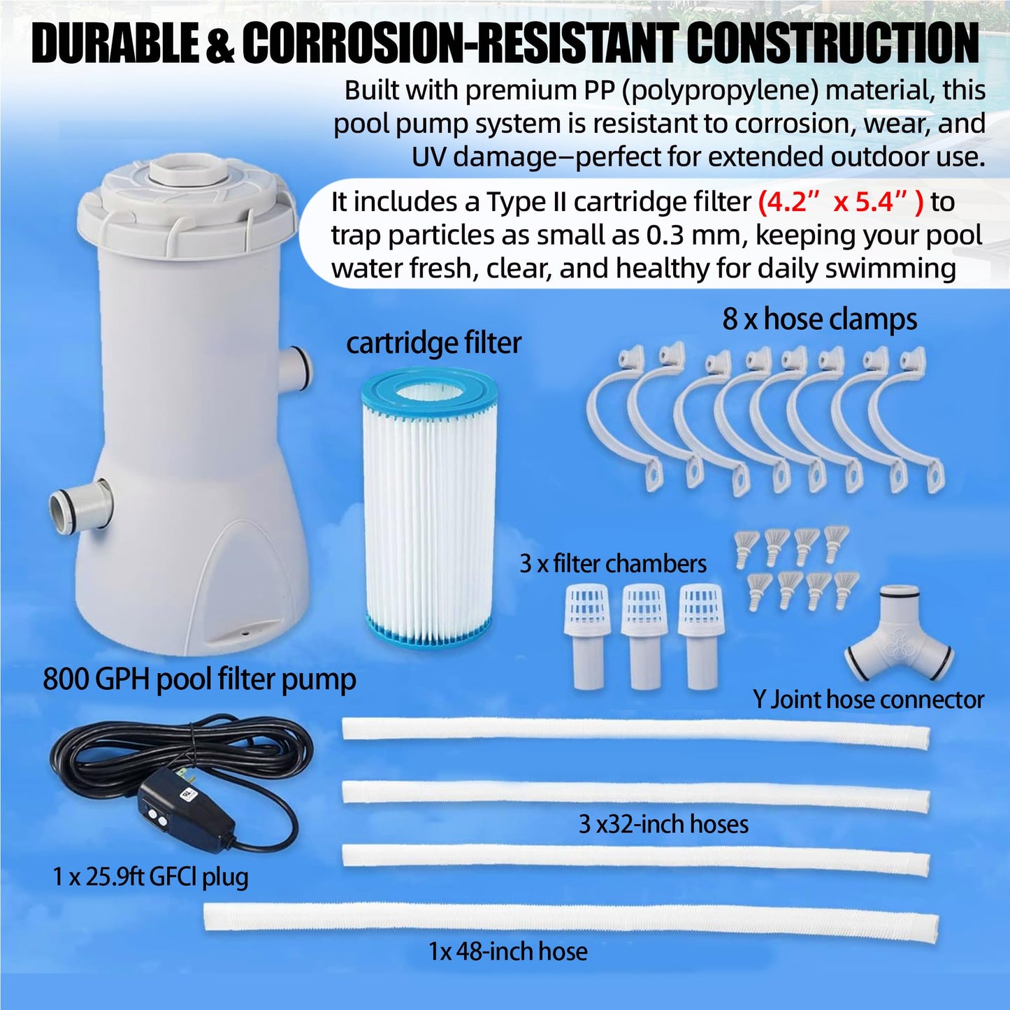 TonGass 800 GPH Pool Filter Pump for Above Ground Pools, Powerful Circulation System with Filter Cartridge, GFCI Safety Protection, Easy to Install Pool Pump for Pools up to 5000 Gallons
