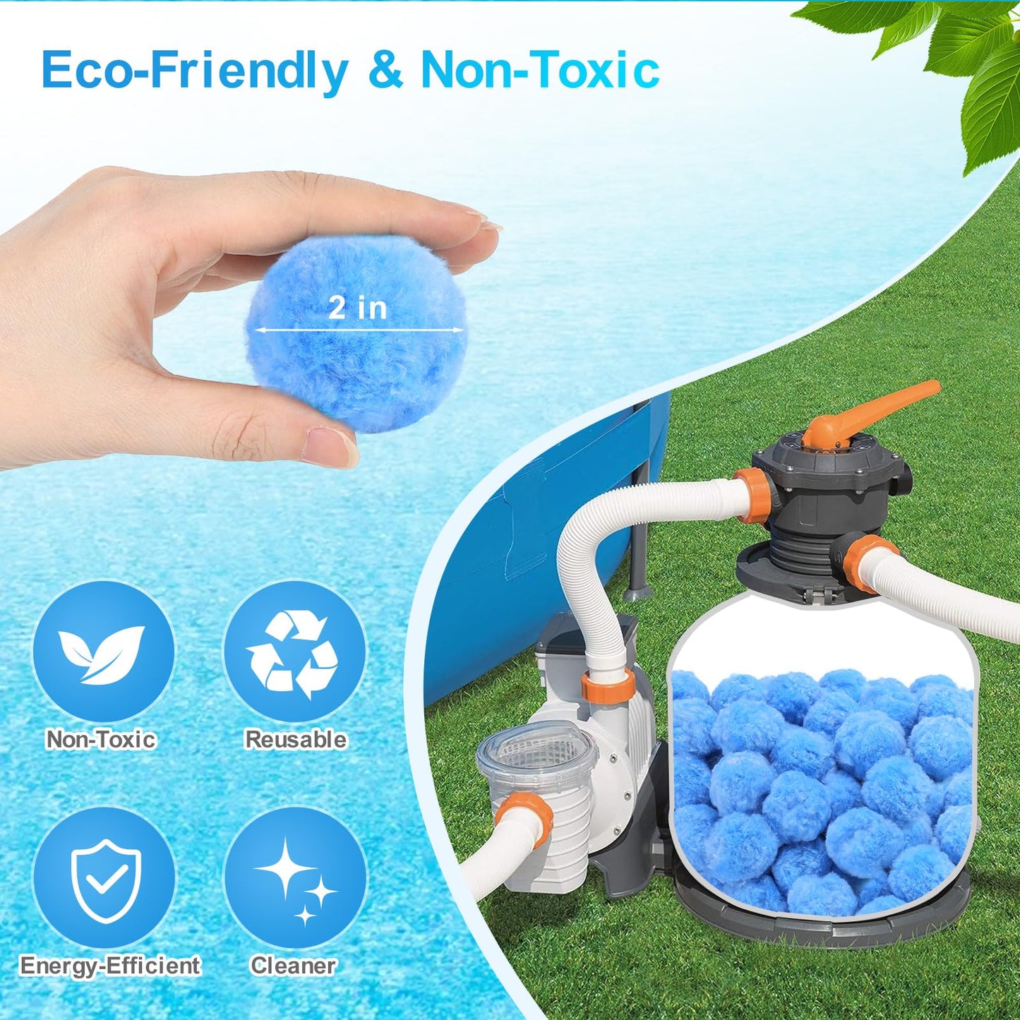 Askyli 2.9 lbs Pool Filter Balls for Sand Filter, Reusable Pool Sand Filter Balls, Efficient Pool Filter Sand, Suitable for All Sand Filter System (Equals 100lbs Pool Filter Sand) - Light Blue