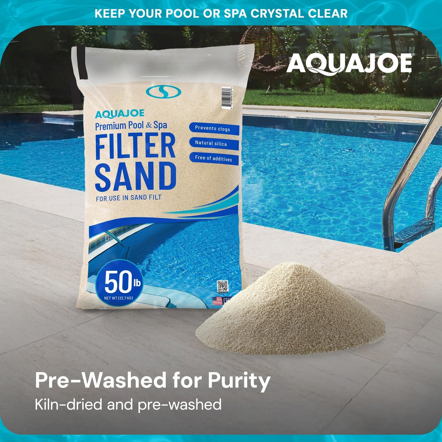 Aqua Joe Premium Pool and Spa Filter Sand, Natural Silica, 50 Lb Bag - Above Ground and Inground Swimming Pool System Accessory for Care, Cleaning, and Maintenance, FLTSAND50