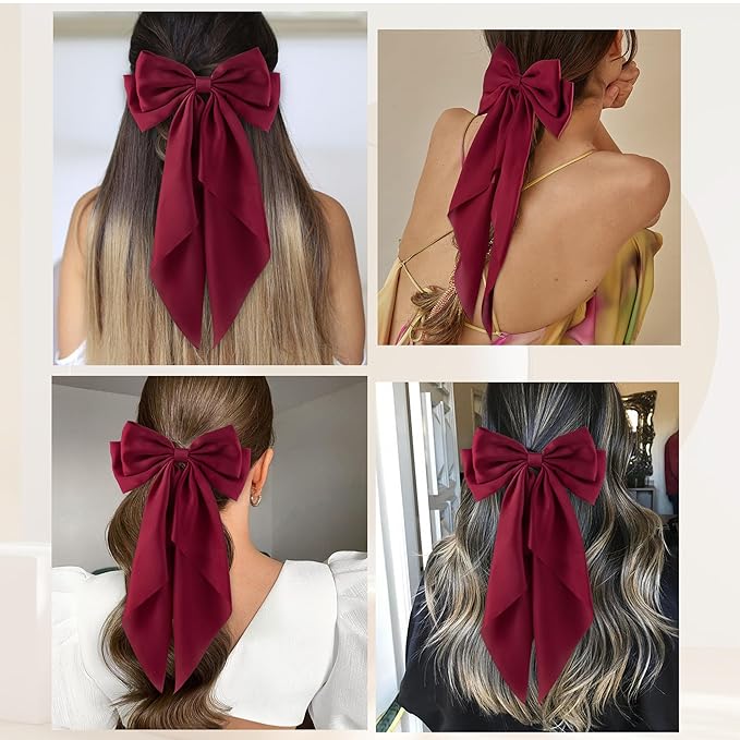 6Pcs Large Bows Hair Clips for Women Girls Long Tail Hair Ribbon Silky Satin Barrettes Coquette Hair Bows Accessories (Dark Red)