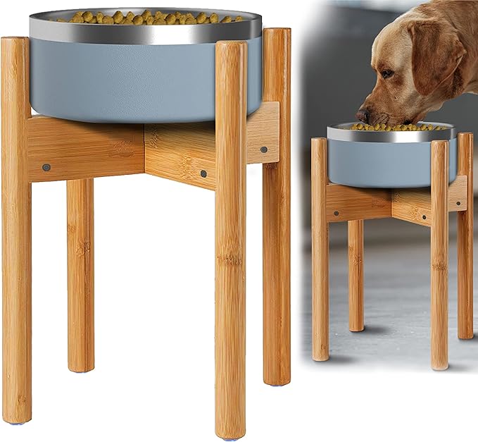 Dog Bowl Stand for Large Breed - Raise, Elevate Bowls to 14-inch High - Adjustable, Fits Any Single Pet Food/Water Feeders and Fountains - Durable Bamboo