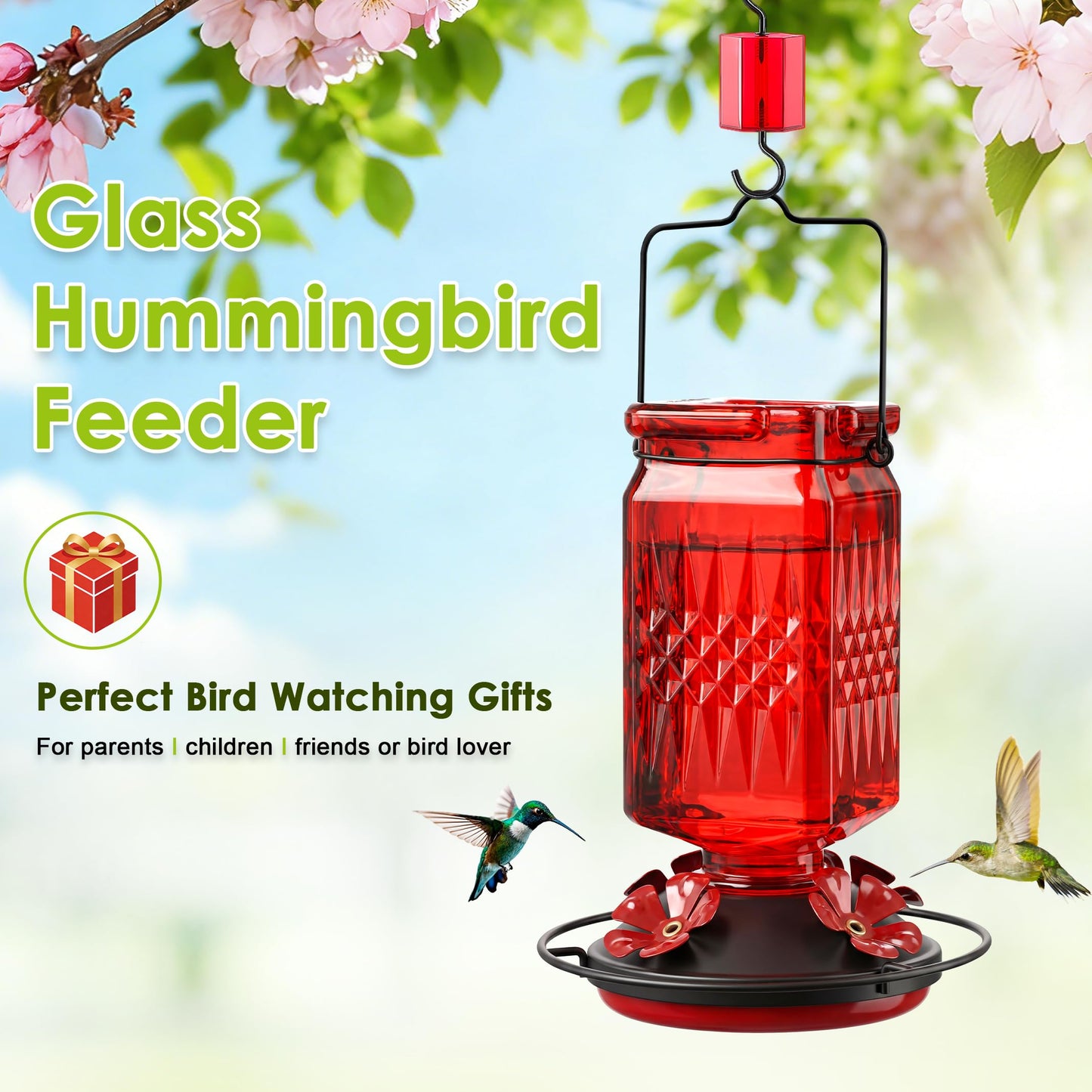 Tegarbed 20oz Glass Hummingbird Feeder for Outdoors Hanging, Bird Nectar Feeder with 4 Bee Guard Flower-Shaped Feeding Ports & Built-in Ant Moat, for Bird Lover, Red (2 Pack)