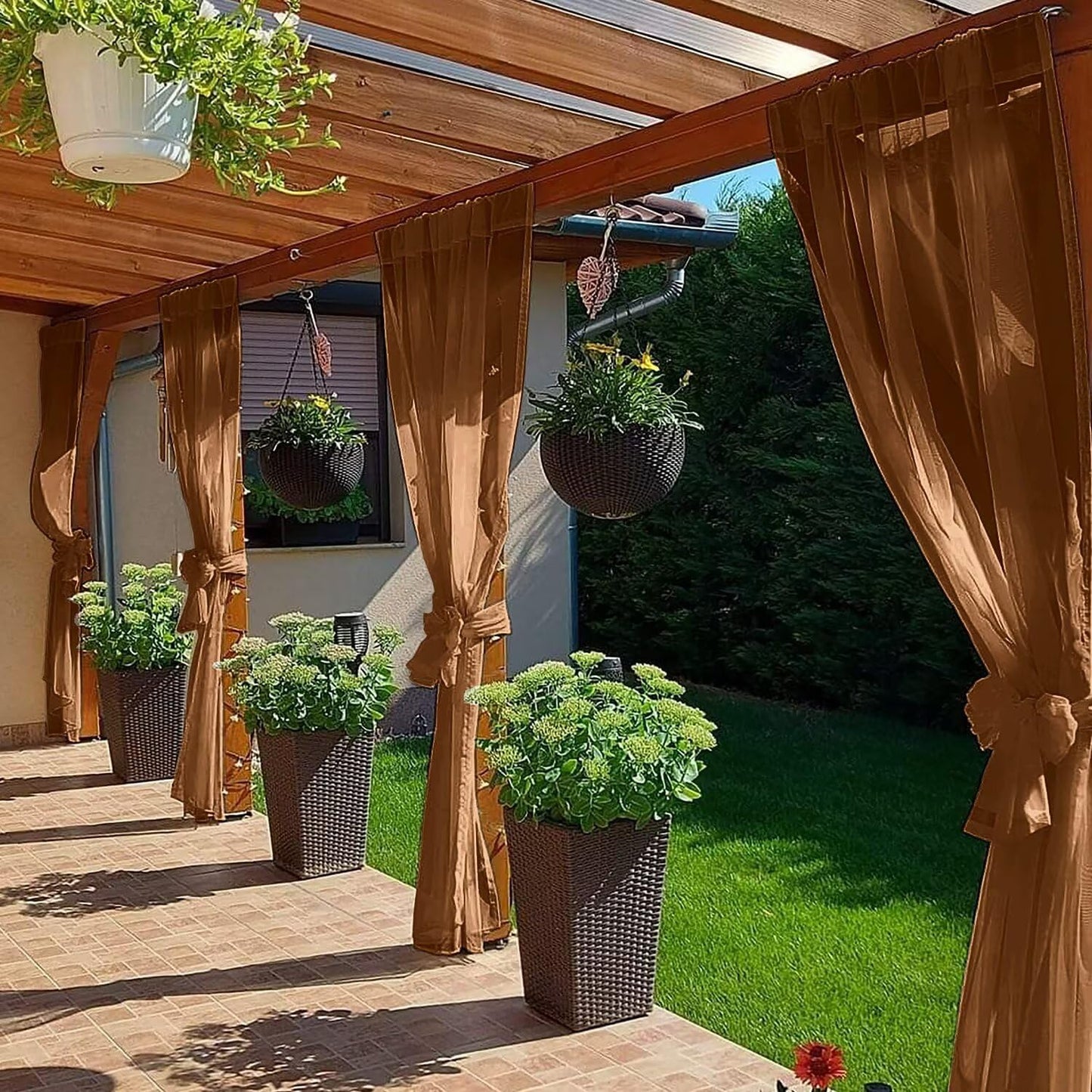 SpaceDresser Waterproof Outdoor Sheer Curtains for Patio - 4 Panels Rod Pocket Indoor Voile Sheer Curtain for Living Room,52W x 84L inch, Brown