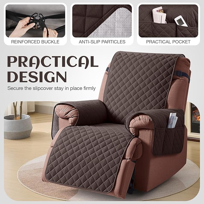 KinCam 100% Waterproof Recliner Chair Cover, Reclining Couch Covers for Pets, Dogs, Recliner Couch Slipcover Furniture Protector with Elastic Straps for Kids(25", Chocolate)