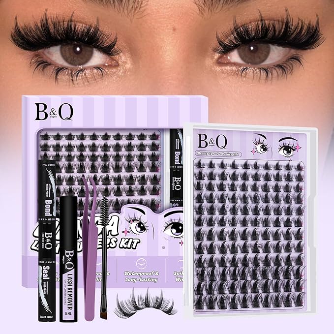B&Q Manga Lash Clusters Kit DIY Eyelash Clusters at Home with 72H Waterproof Bond and Seal 0.05mm Ultra-Thin Band Wispy Spiky Anime Lashes for Daily & Party, 8-18mm Lash Extensions(KIT-Anime 01)