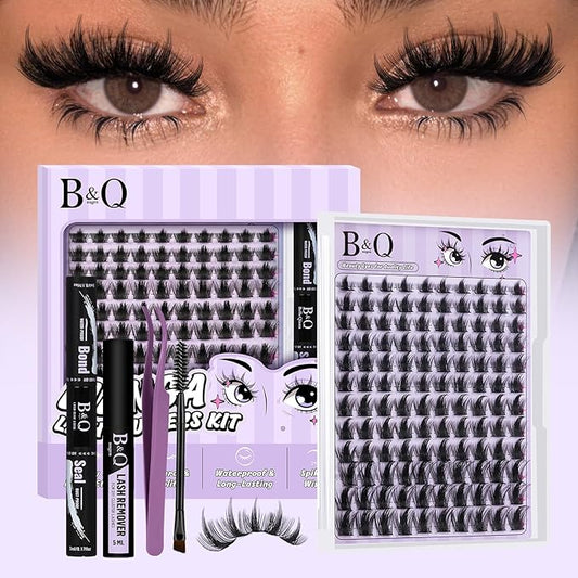 B&Q Manga Lash Clusters Kit DIY Eyelash Clusters at Home with 72H Waterproof Bond and Seal 0.05mm Ultra-Thin Band Wispy Spiky Anime Lashes for Daily & Party, 8-18mm Lash Extensions(KIT-Anime 01)