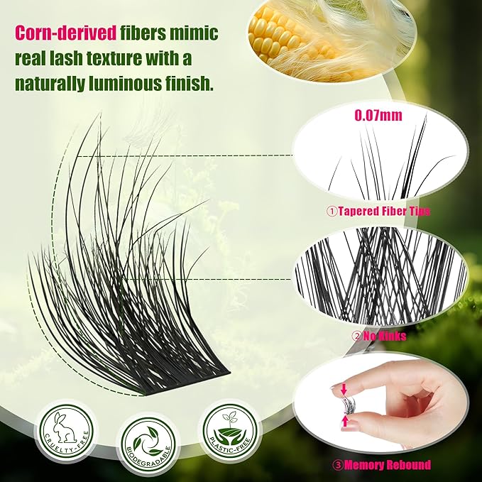 Lash Clusters Natural & Fluffy Lashes Lash Extension Biodegradable Eyelash Clusters Cruelty Free False Eyelashes 0.05mm DIY for Beginner