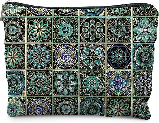 Vintage Boho Mandala Floral Makeup Bag, Ethnic Moroccan Mexican Talavera Tile Cosmetic Bags for Women, Mexican Gifts for Women, Traditional Green Block Print Zipper Makeup Pouch