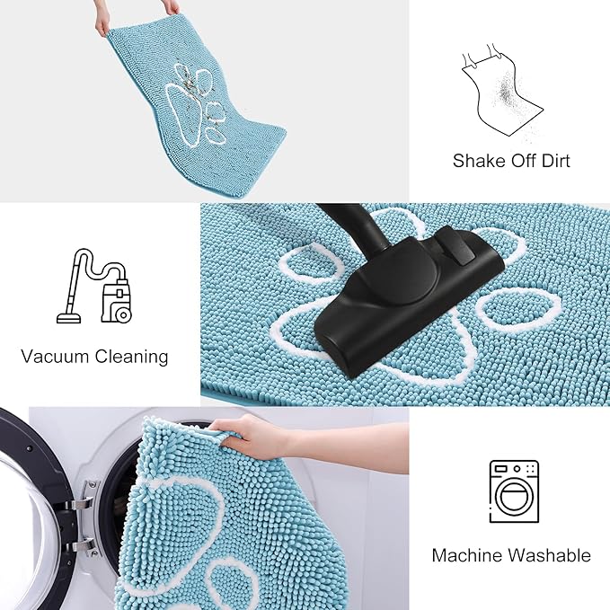 Smiry Dog Door Mat for Muddy Paws, Absorbent Dirt Trapper Non Slip Quick Dry Washable Chenille Mat for Mud Dogs, Entry Rug for Indoor and Outdoor (48x30 Inches, Sky Blue and White)