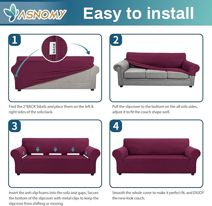 Asnomy Couch Covers for 3 Cushion Couch Stretch Sofa Covers Slipcovers, Pet Protector Furniture Covers for Dogs Cats Spandex Jacquard Fabric Small Checks （X-Large，Wine Red）
