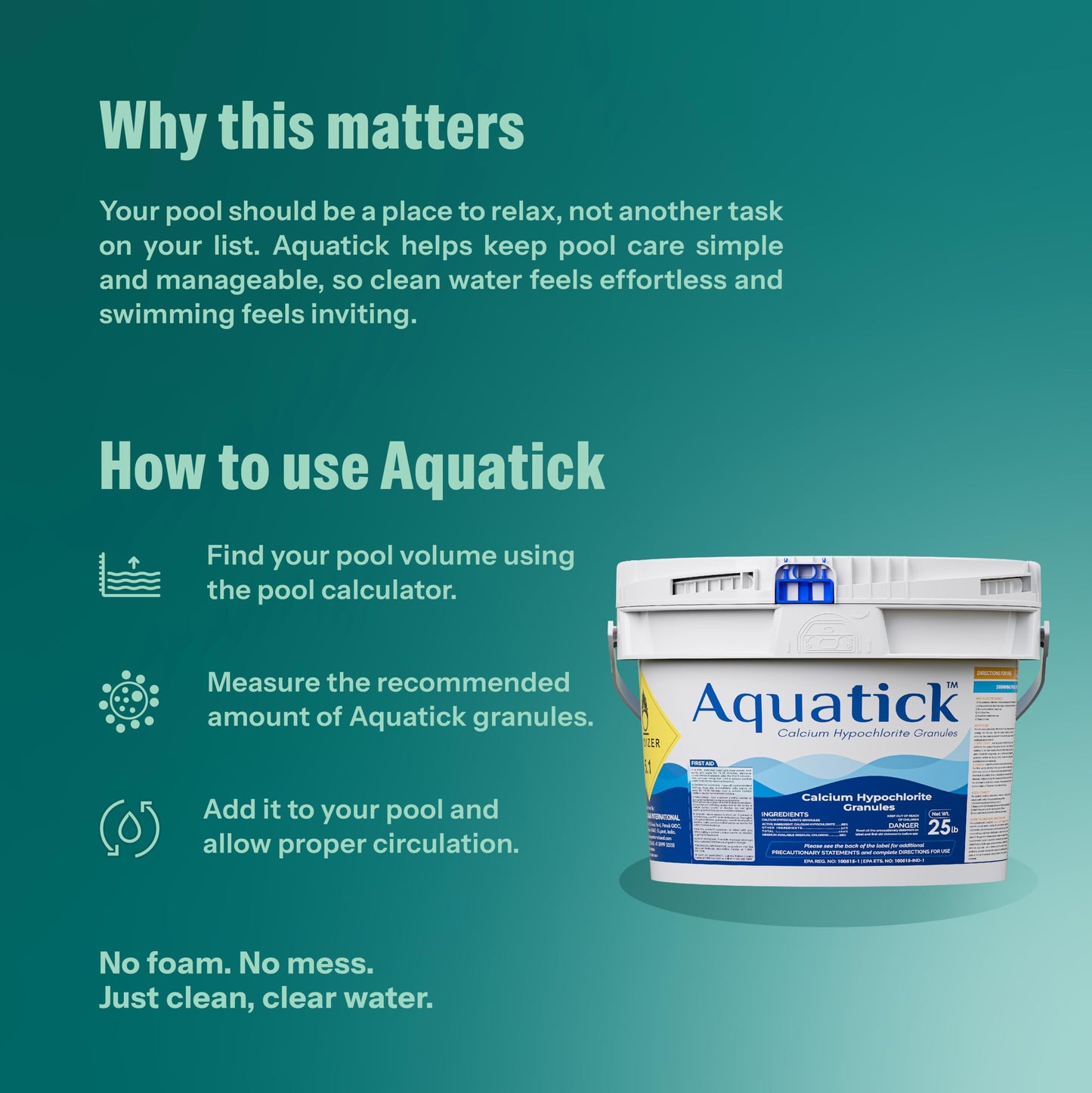 AquaTick 68% Calcium Hypochlorite Pool Shock for Swimming Pools – Chlorine Granules 25 lbs Bucket – Pool Chlorine for Inground and Above Ground Pool Treatment – Non-Stabilized Shock Treatment