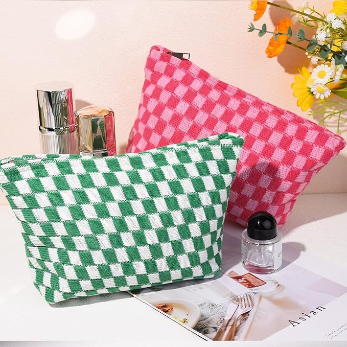 SOIDRAM 2 Pieces Makeup Bag Large Checkered Cosmetic Bag Capacity Canvas Travel Toiletry Bag Organizer Cute Makeup Brushes Aesthetic Accessories Storage Bag for Women, Checkered L Green Rose red