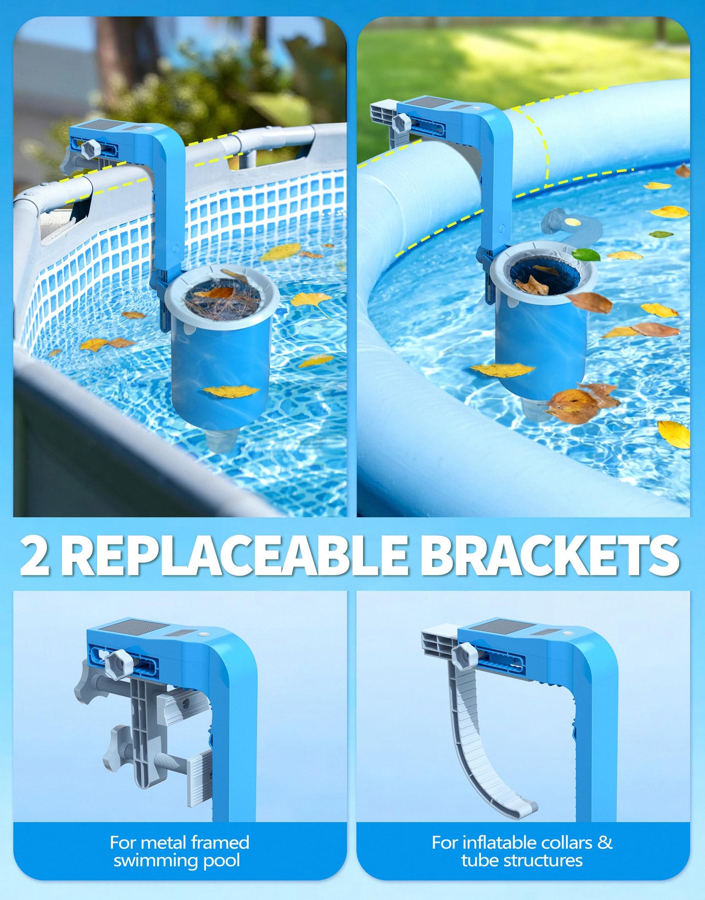 BluSwim Above Ground Pool Skimmer with Solar Digital Thermometer | Wall Mount Surface Skimmer - Auto Skimming Pool Floating Debris | 2 Upgraded Bracket - More Stable & Height Adjustable