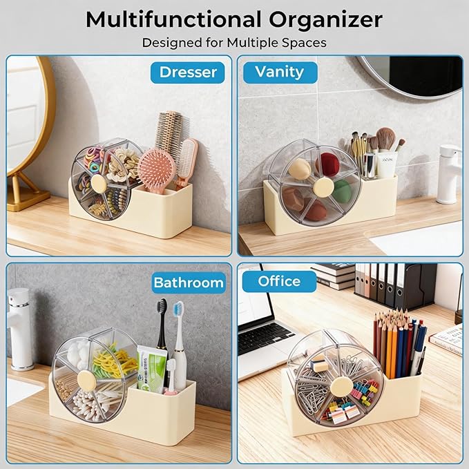 Hair Accessories Organizer for Girls, 2-Slot Hair Brush Holder & 5-Section Rotating Wheel, Cute Makeup Brush Holder for Hair Tile, Clip, Makeup Brush, Earring, Ring, Kids Vanity Accessories (Cream)