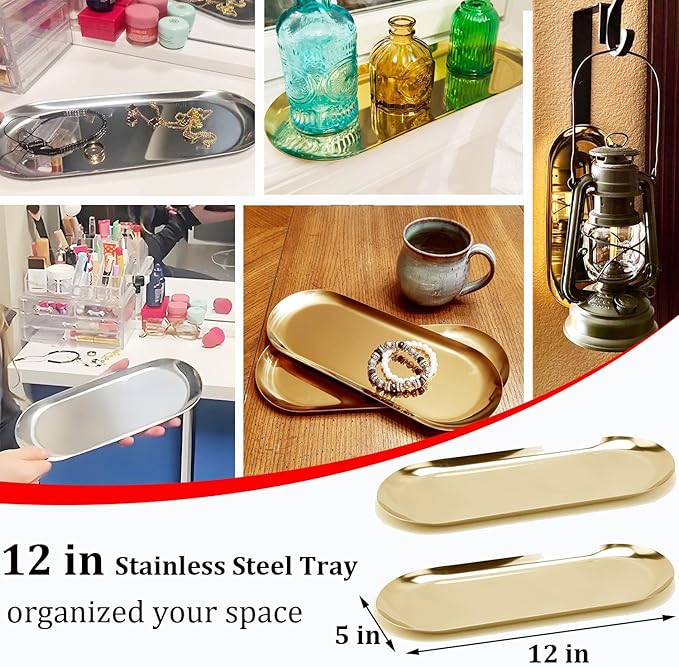 Fermus Stainless Steel Decorative Tray, Set of 2, 12 Inch Long, Jewelry Dish Cosmetics Organizer Bathroom Clutter Serving Platter Small Storage Tray, Oval, Gold