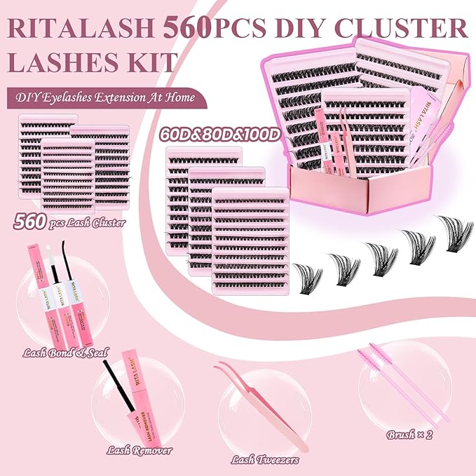 Lash Clusters Kit for Beginners Eyelash Clusters Kit Cluster Eyelash Extensions Lashes Clusters Kit Lash Extension Kit+Lash Bond&Seal,Remover,Tweezers,Brush(60D+80D+100D Lash Kit)