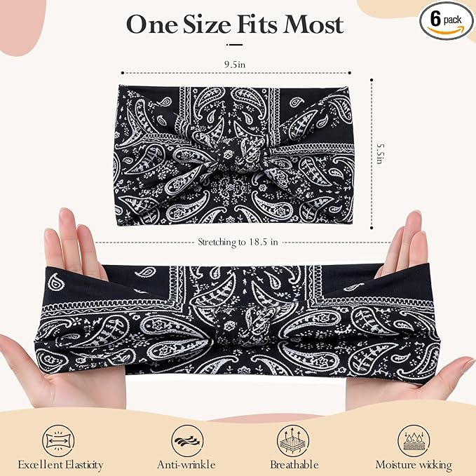 HSEM Headbands for Women 6-Pack – Wide Elastic Non-Slip Hair Bands – Thick Soft Knotted Sports Stretchy Sweatbands for Washing Face, Makeup, Workout, Running, Spa & Fashion, Water Drop